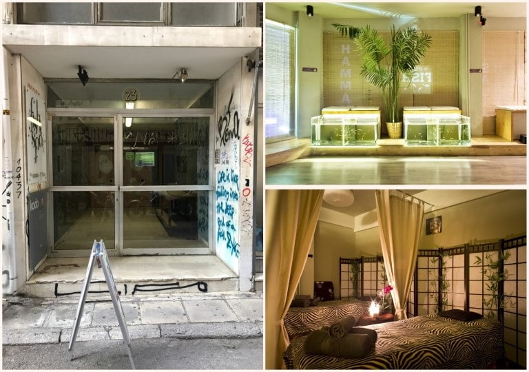 Le contraste entre l'int&eacute;rieur et l'ext&eacute;rieur d'Athens Fish Spa