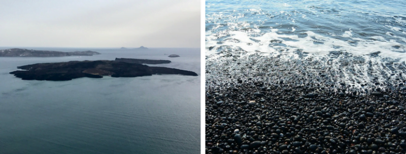 l&rsquo;&icirc;lot volcanique de Nea Kameni et une plage de sable noir 