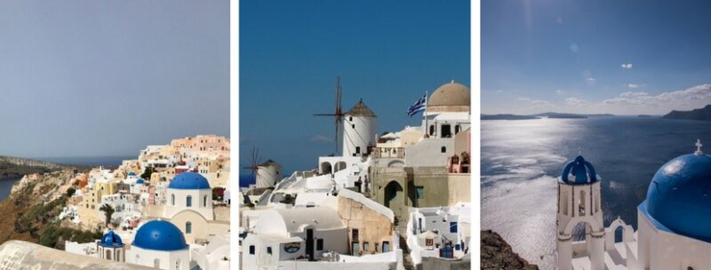 Maisons blanches et &eacute;glise au d&ocirc;me bleu &agrave; Oia &agrave; Santorin