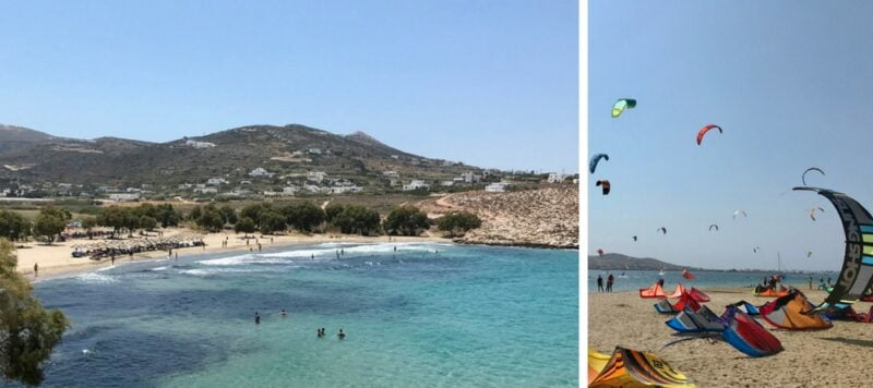 La plage de Parasporos (à gauche) et la plage de kitesurfing de Pounta (à droite)