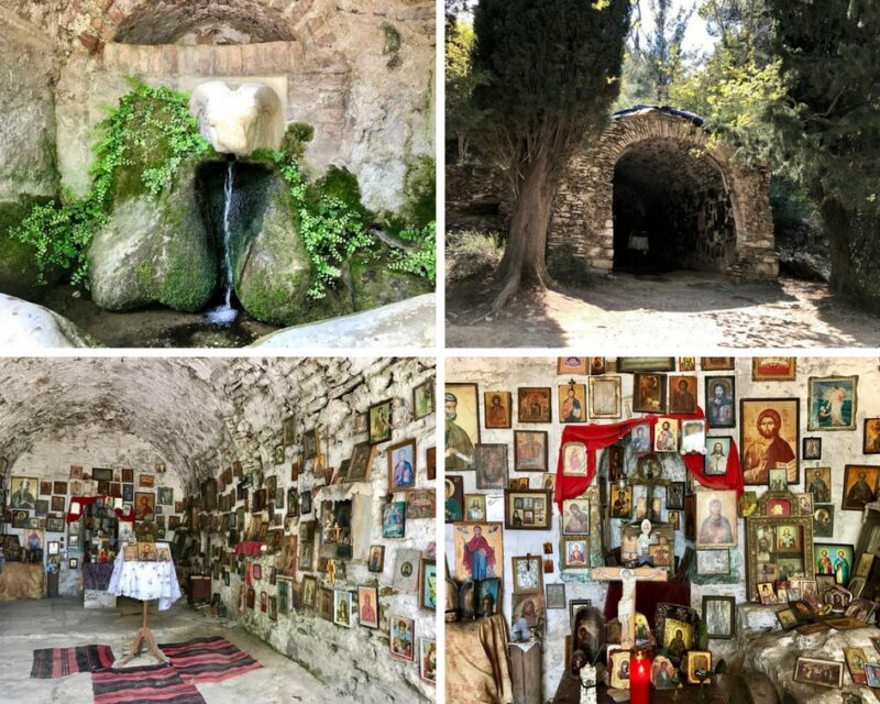 Athènes, le monastère byzantin de Kaisariani Kessariani, La fontaine à tête de bélier et la chapelle cachée dans la forêt