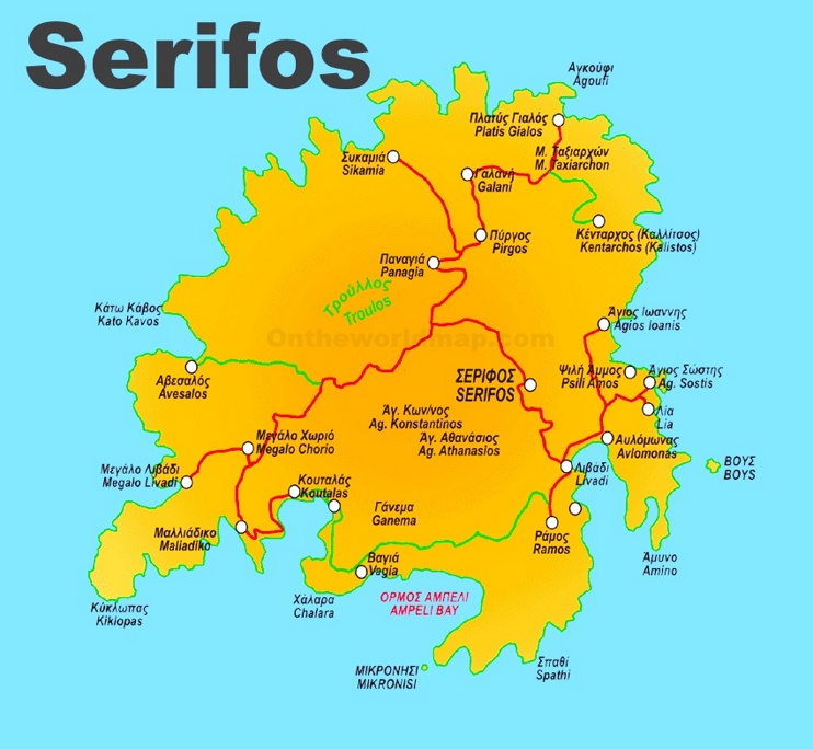 Carte touristique de Serifos en français avec plages, villages, sites culturels et itinéraires de randonnée dans les Cyclades en Grèce.