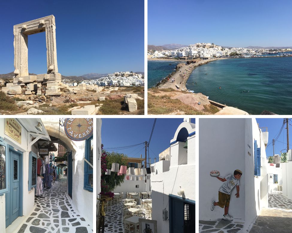Portara, la porte d'Apollon, vue sur Chora, la capitale de Naxos et ses ruelles