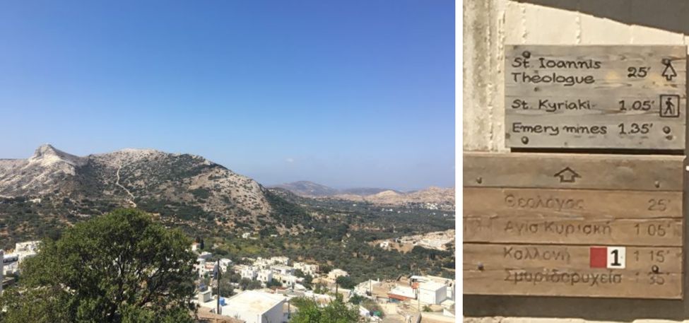 vue sur une vall&eacute;e en randonn&eacute;e &agrave; Naxos et panneau d'indication