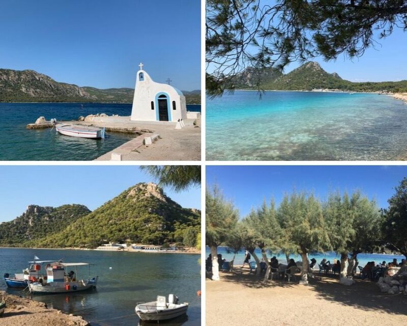Le lac de Vouliagmeni, sa petite chapelle bleue et blanche, quelques bateaux de p&ecirc;che et les tables sous les arbres de la taverne &Delta;ί&alpha;&upsilon;&lambda;&omicron;&sigmaf;