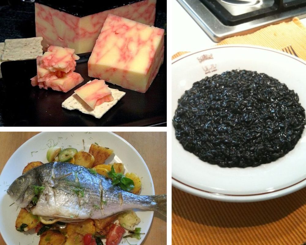 quelques sp&eacute;cialit&eacute;s grecques dans le Dod&eacute;can&egrave;se : poisson grill&eacute;, Kokkinotyri fromage rouge de Kos et risotto &agrave; l'encre de seiche