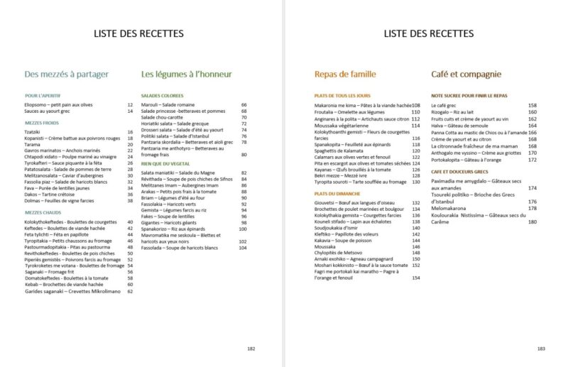 liste des recettes du livre de cuisine grecque d'Evi