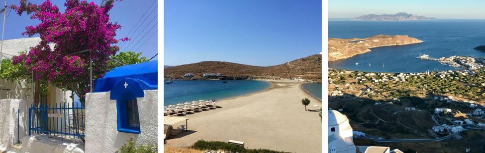 Village de Ioulida &agrave; K&eacute;a, Plage Kolona &agrave; Kythnos, Vue sur S&eacute;rifos