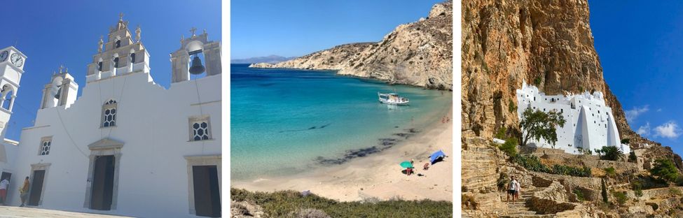 Eglise &agrave; Naxos, Plage de LIvadi &agrave; Donoussa (Petites Cyclades), Monast&egrave;re &agrave; Amorgos 
