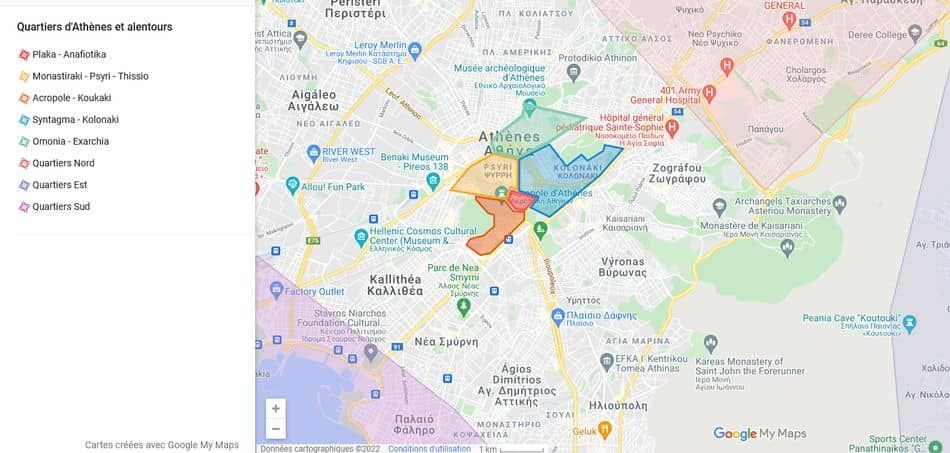 Carte des quartiers d'Athènes et ses alentours