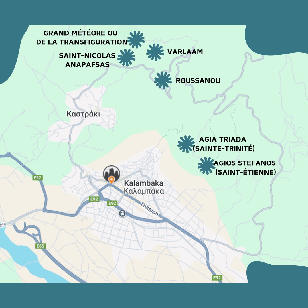 carte des monast&egrave;res aux M&eacute;t&eacute;ores en Gr&egrave;ce. Les 6 monast&egrave;res en activit&eacute;.