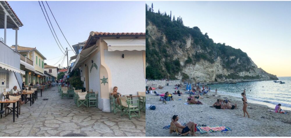 Agios Nikitas &agrave; Lefkada : rue principale avec caf&eacute;s et restaurants, plage