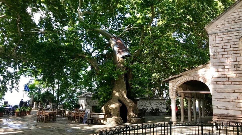 Place dans le village de Makrinitsa dans le Pelion en Gr&egrave;ce, platane, batiment en pierre, tables et chaises