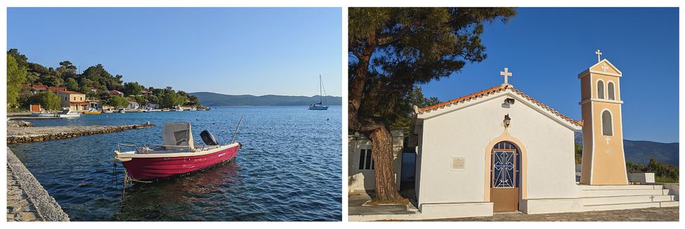 petit port avec bateau et &eacute;glise &agrave; Posidonio &agrave; Samos