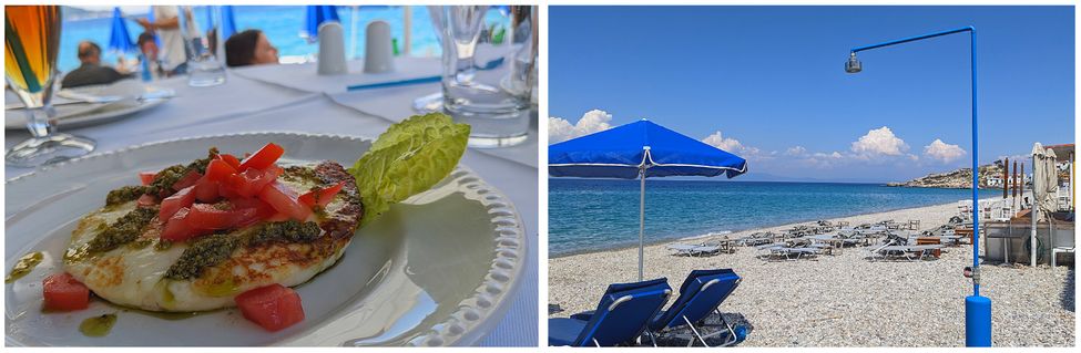Meltemi, taverne au bord de l'eau à Kokkari à Samos. fromage avec mer en fond, transats et douche sur plage