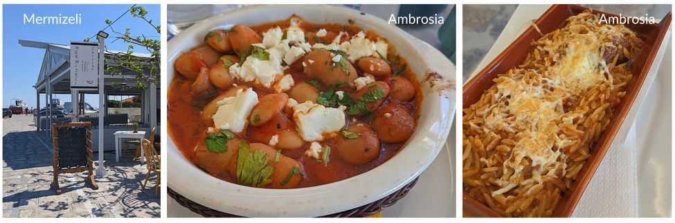 Terrasse à l'avant de Mermirzeli, Gigantes et giouvetsi à la taverne Abrosia - Pythagorio