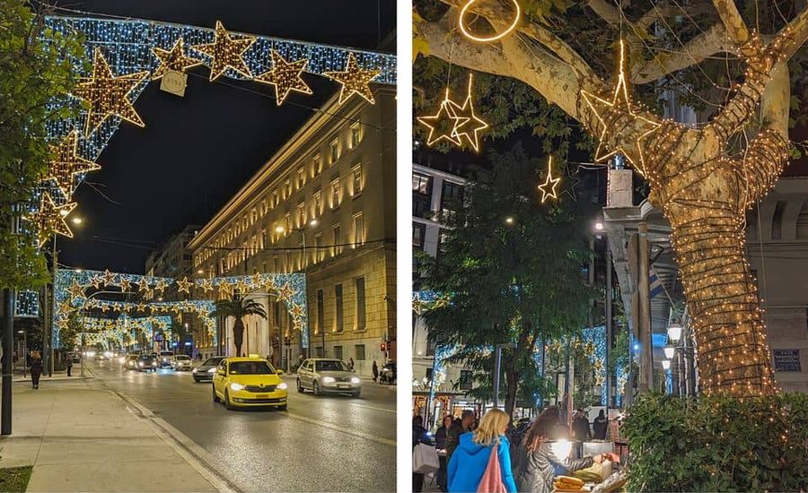 Rues illumin&eacute;es d'Ath&egrave;nes &agrave; No&euml;l
