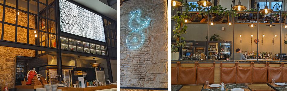 Intérieur du restaurant Gastone à Athènes, brique, bois et fer noir