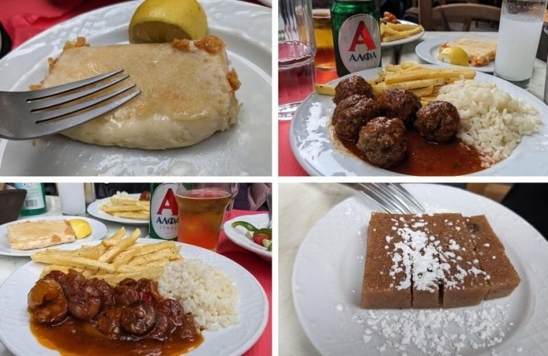 saganaki, spetsofai, boulettes de viande, halva, alfa et ouzo